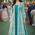 Superb Teal Green Heavy Embroidered Chinon Party Wear Gown with Jacket