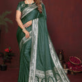  Dark Green Silk Blend Saree Silver Zari Woven Border Rich Pallu 