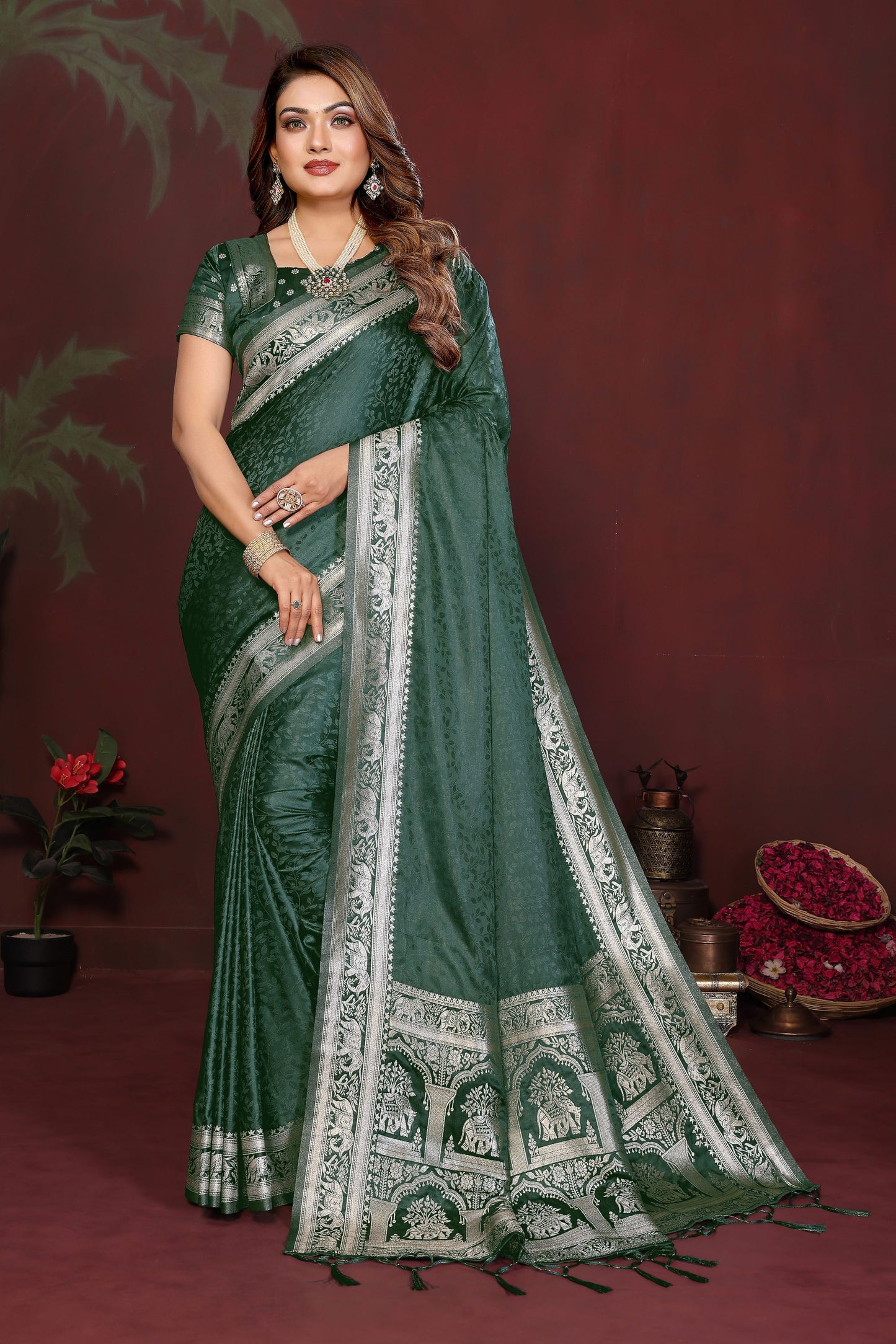  Dark Green Silk Blend Saree Silver Zari Woven Border Rich Pallu 