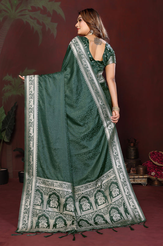 Dark Green Silk Blend Saree Silver Zari Woven Border Rich Pallu