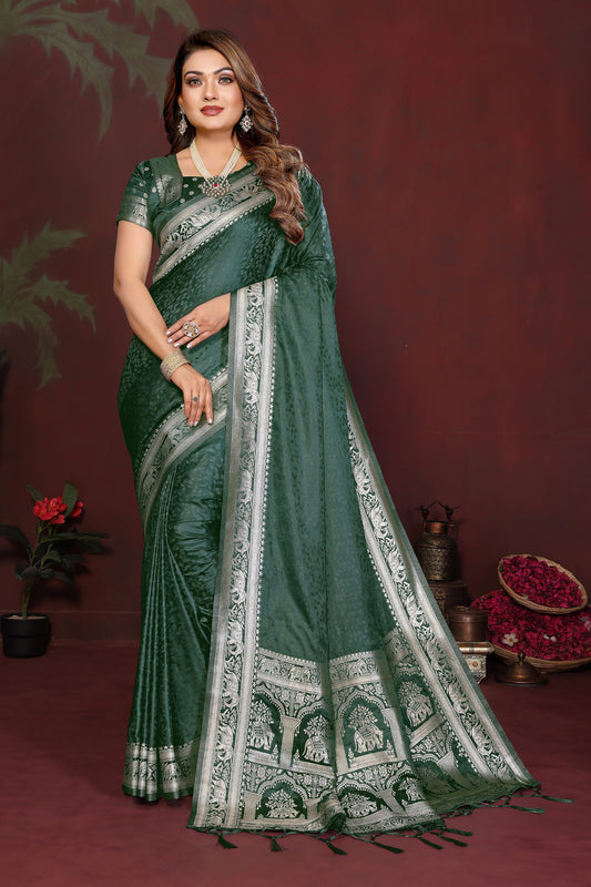  Dark Green Silk Blend Saree Silver Zari Woven Border Rich Pallu 