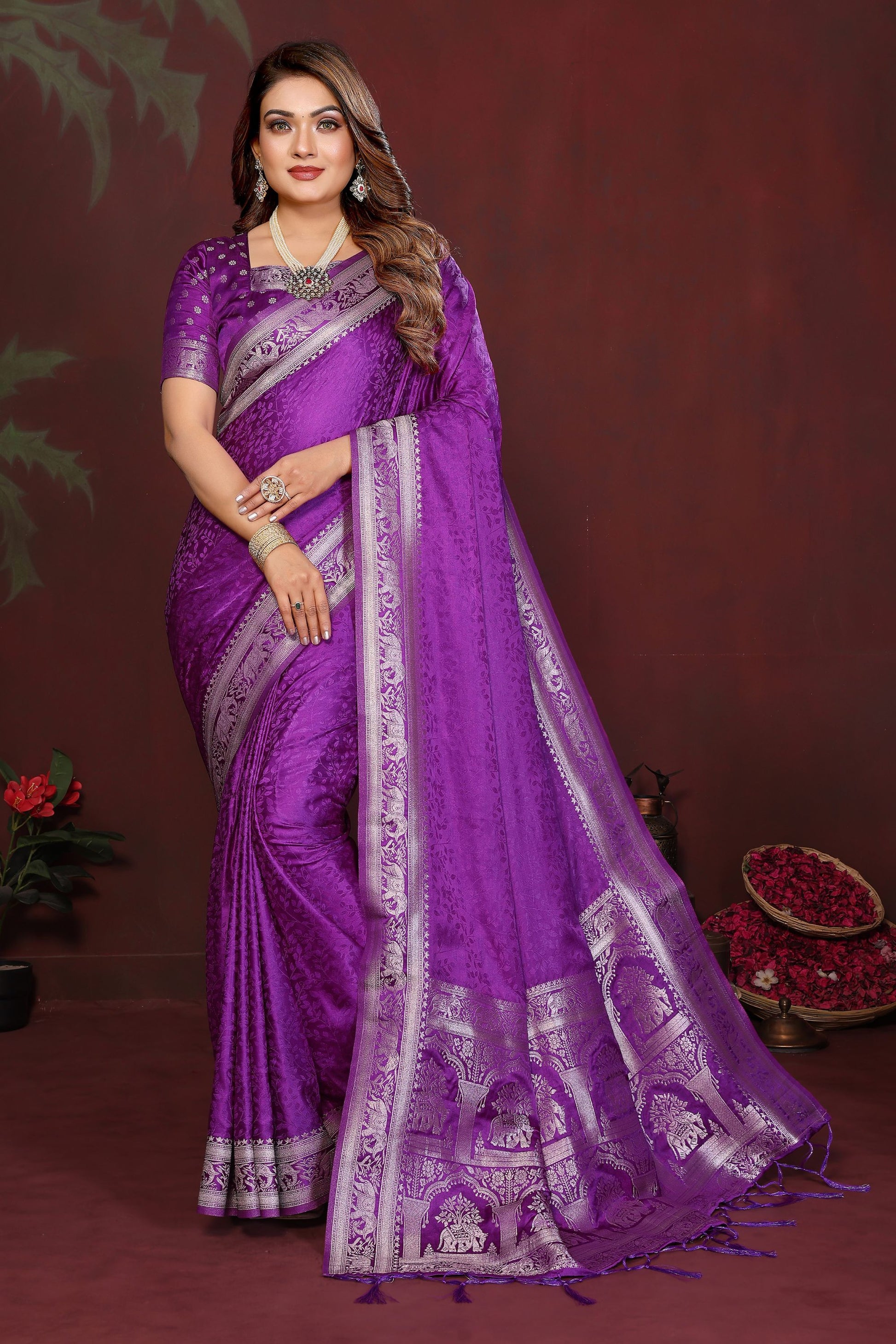 Royal Purple Silk Blend Saree Silver Zari Woven Border Rich Pallu 