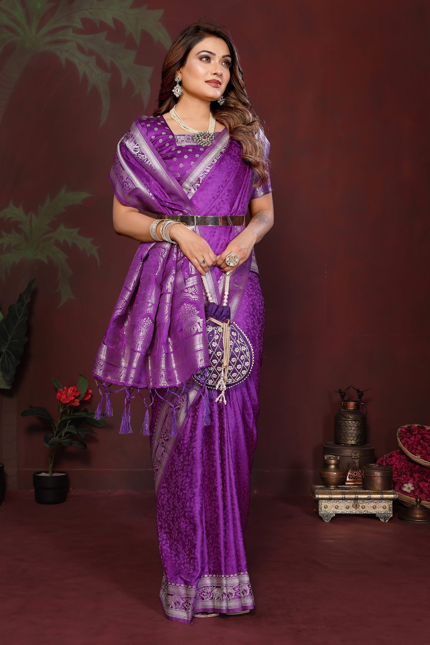 Royal Purple Silk Blend Saree Silver Zari Woven Border Rich Pallu
