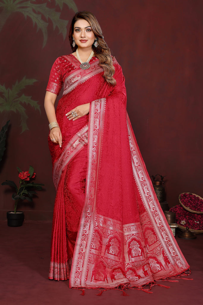 Red Silk Blend Saree with Silver Zari Woven Border Designer Pallu 