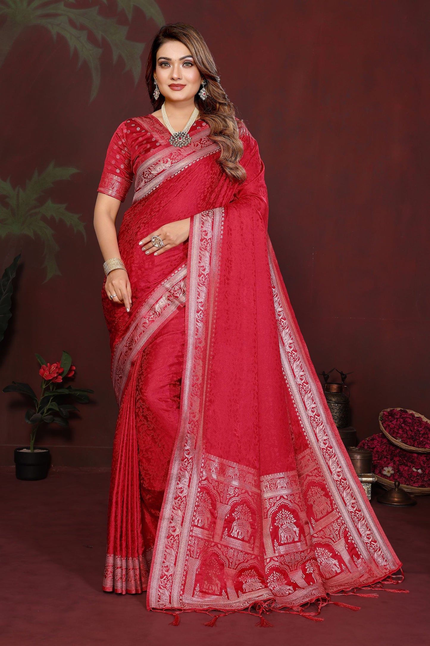 Red Silk Blend Saree with Silver Zari Woven Border Designer Pallu 