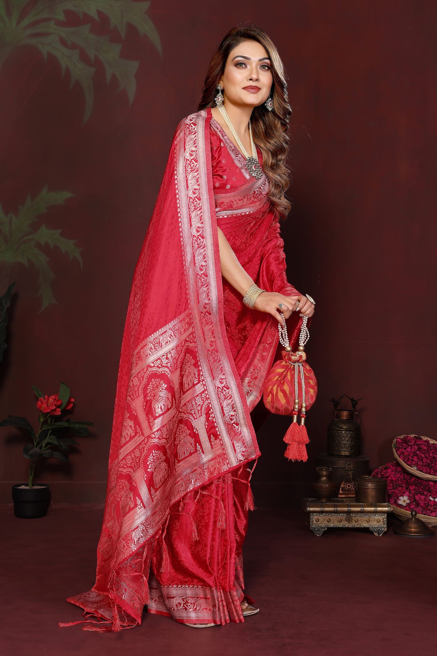 Red Silk Blend Saree with Silver Zari Woven Border Designer Pallu
