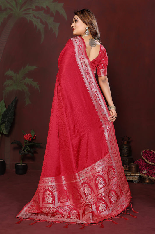 Red Silk Blend Saree with Silver Zari Woven Border Designer Pallu