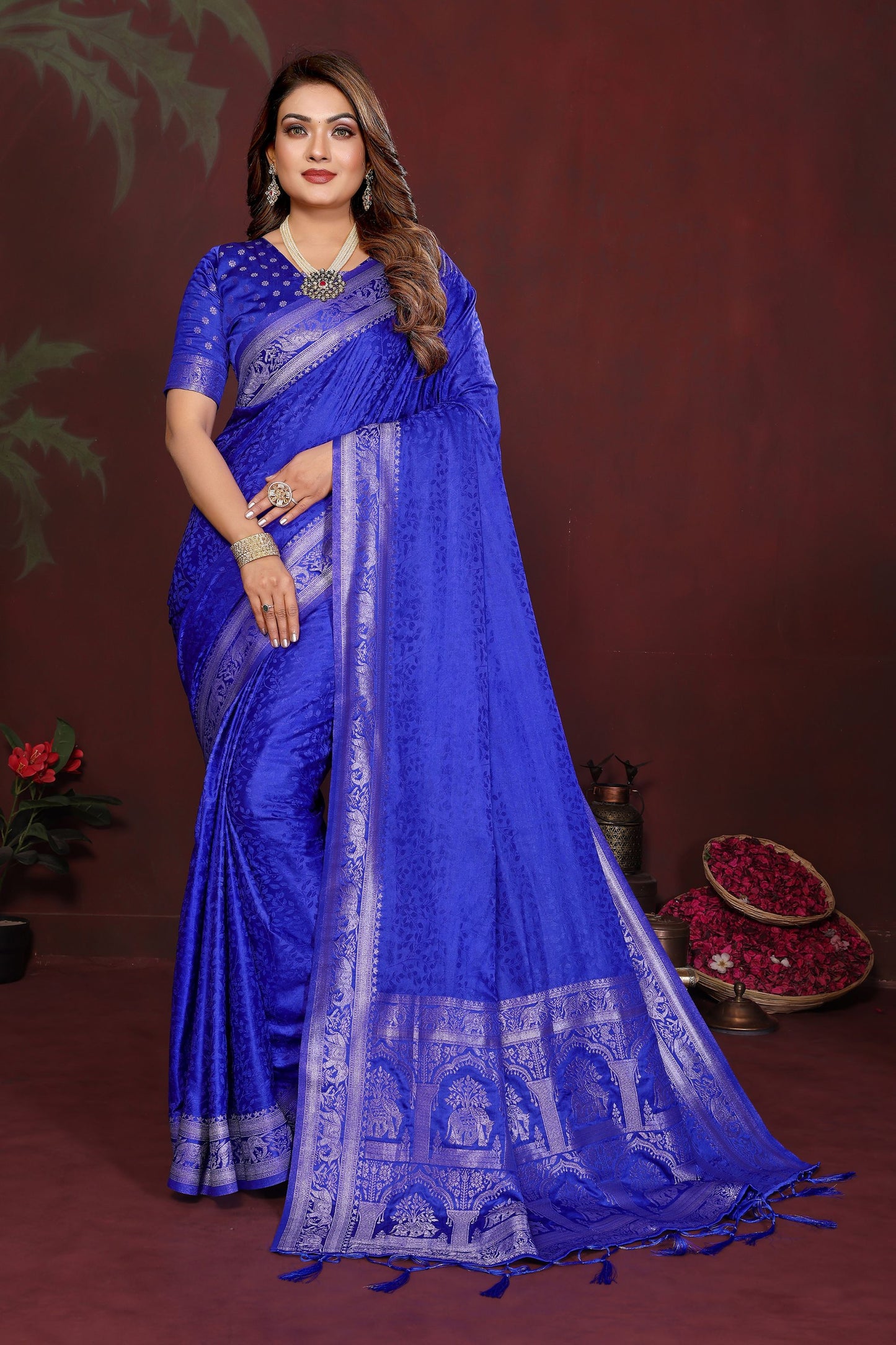 Royal Blue Silk Blend Saree Silver Zari Woven Border Rich Designer Pallu 