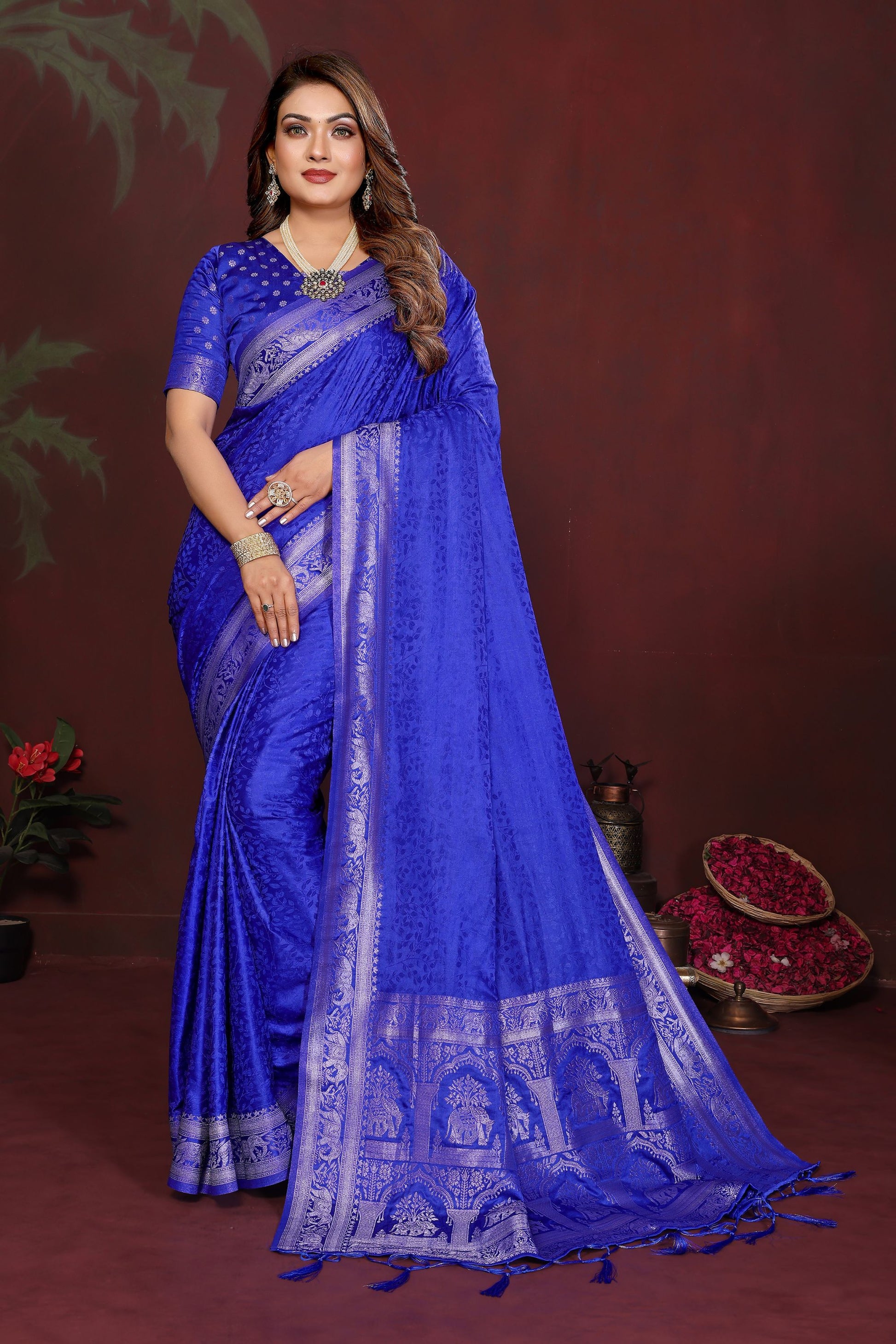 Royal Blue Silk Blend Saree Silver Zari Woven Border Rich Designer Pallu 