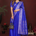 Royal Blue Silk Blend Saree Silver Zari Woven Border Rich Designer Pallu