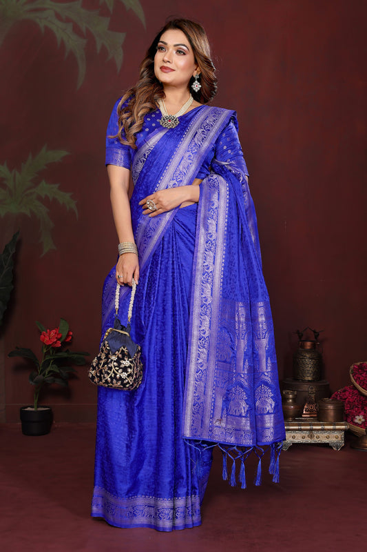 Royal Blue Silk Blend Saree Silver Zari Woven Border Rich Designer Pallu