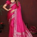 Rani Pink Silk Blend Saree Silver Zari Woven Border Rich Pallu 