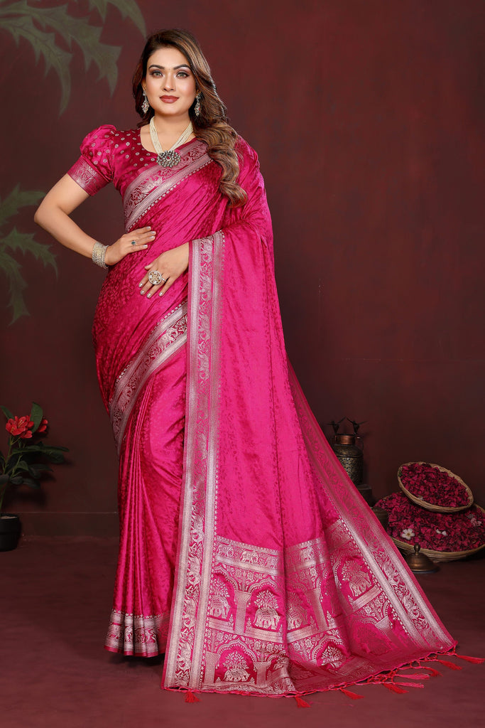 Rani Pink Silk Blend Saree Silver Zari Woven Border Rich Pallu 