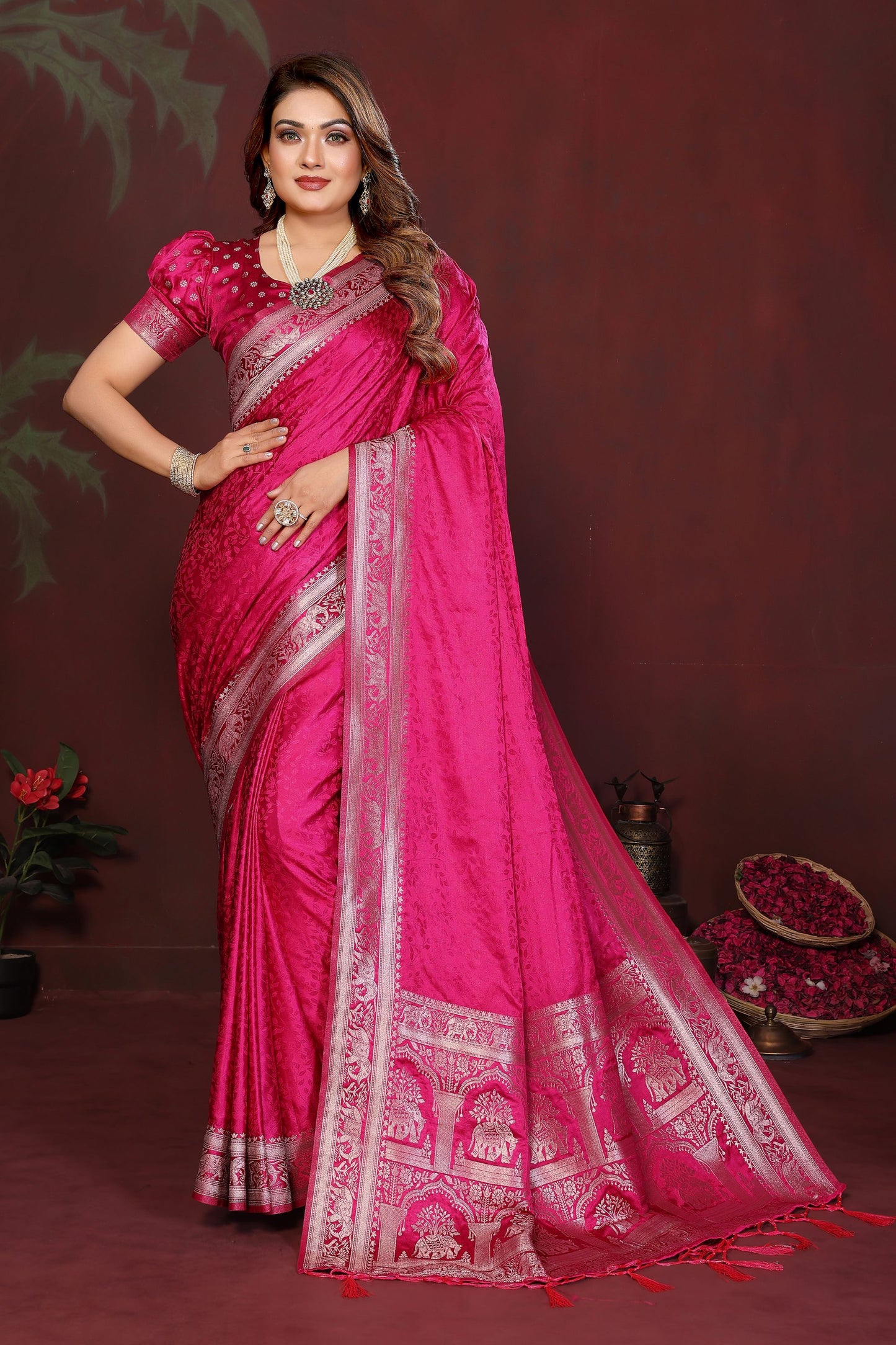 Rani Pink Silk Blend Saree Silver Zari Woven Border Rich Pallu 