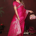 Rani Pink Silk Blend Saree Silver Zari Woven Border Rich Pallu