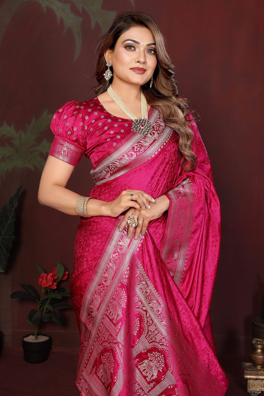 Rani Pink Silk Blend Saree Silver Zari Woven Border Rich Pallu