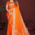 Orange Banarasi Silk Saree with Silver Zari Border Rich Pallu 