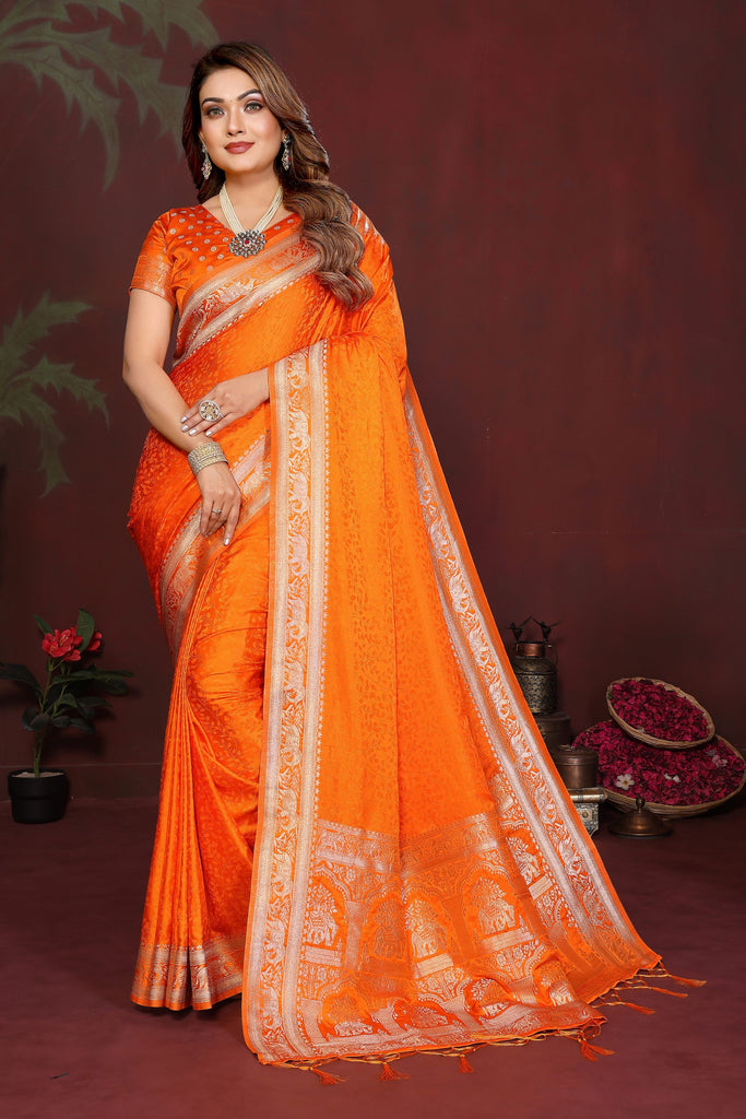 Orange Banarasi Silk Saree with Silver Zari Border Rich Pallu 