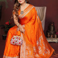 Orange Banarasi Silk Saree with Silver Zari Border Rich Pallu