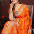 Orange Banarasi Silk Saree with Silver Zari Border Rich Pallu