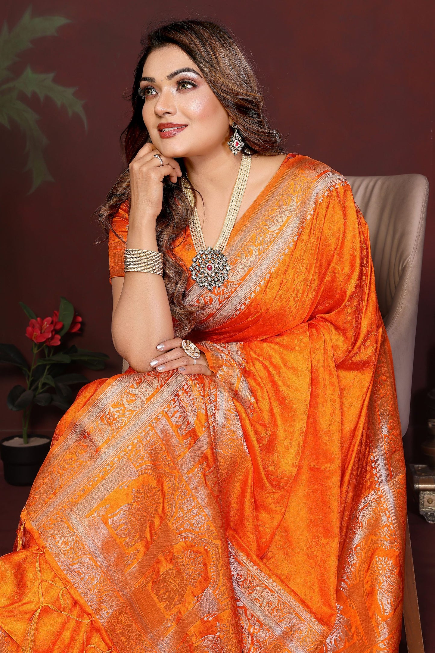 Orange Banarasi Silk Saree with Silver Zari Border Rich Pallu