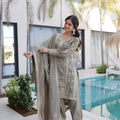 Elegant Grey Silk Embroidered Straight Cut Salwar Suit with Matching Dupatta