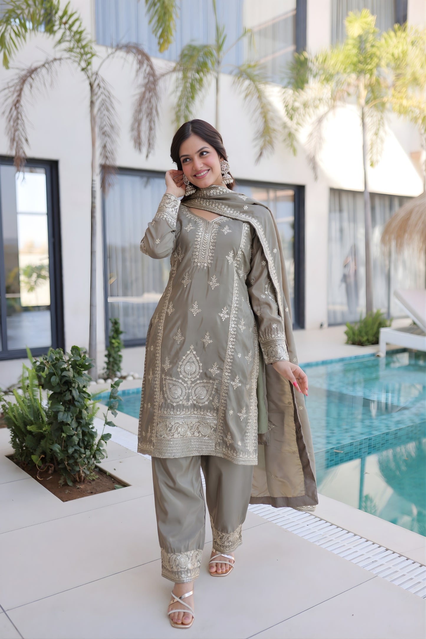 Elegant Grey Silk Embroidered Straight Cut Salwar Suit with Matching Dupatta