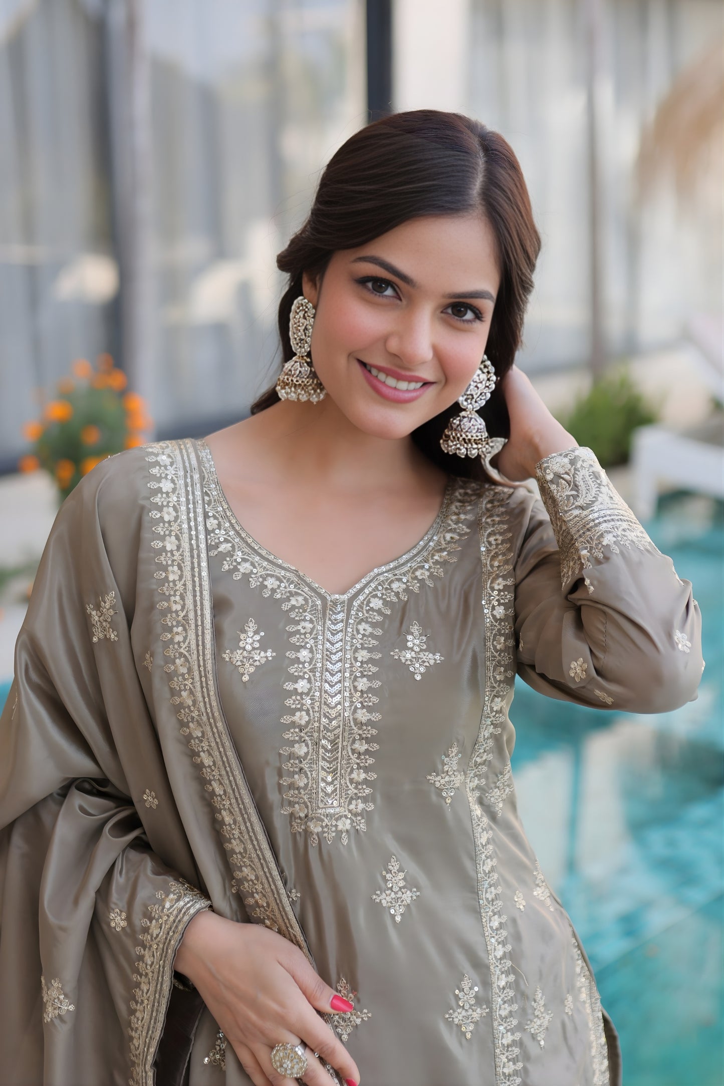 Elegant Grey Silk Embroidered Straight Cut Salwar Suit with Matching Dupatta