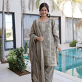 Elegant Grey Silk Embroidered Straight Cut Salwar Suit with Matching Dupatta
