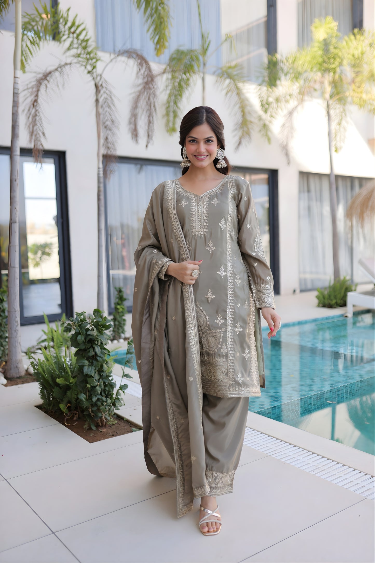 Elegant Grey Silk Embroidered Straight Cut Salwar Suit with Matching Dupatta
