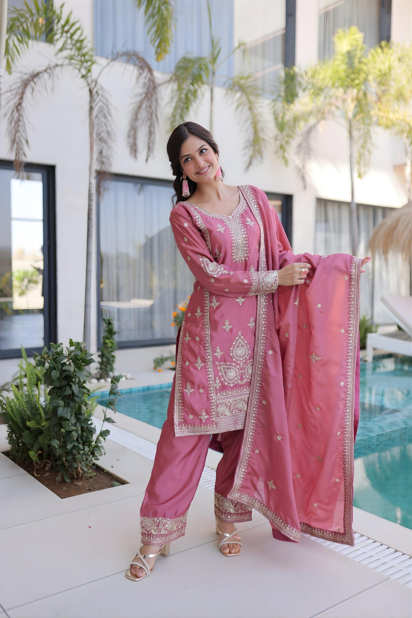 Beautiful Rose Pink Silk Embroidered Straight Cut Salwar Suit with Matching Dupatta