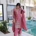 Beautiful Rose Pink Silk Embroidered Straight Cut Salwar Suit with Matching Dupatta
