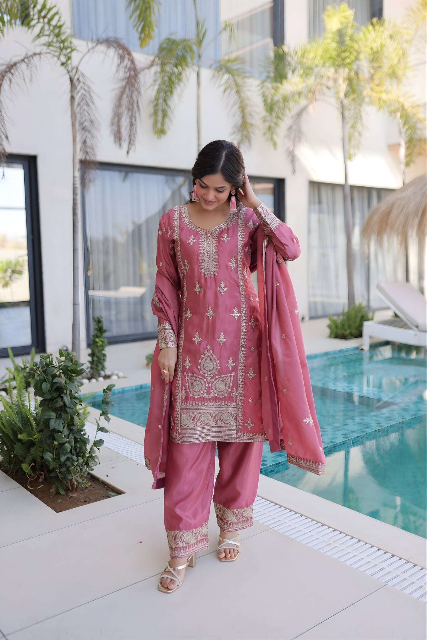 Beautiful Rose Pink Silk Embroidered Straight Cut Salwar Suit with Matching Dupatta