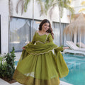 Stylish Olive Green Embroidered Chanderi Wedding Wear Anarkali Suit with Matching Dupatta