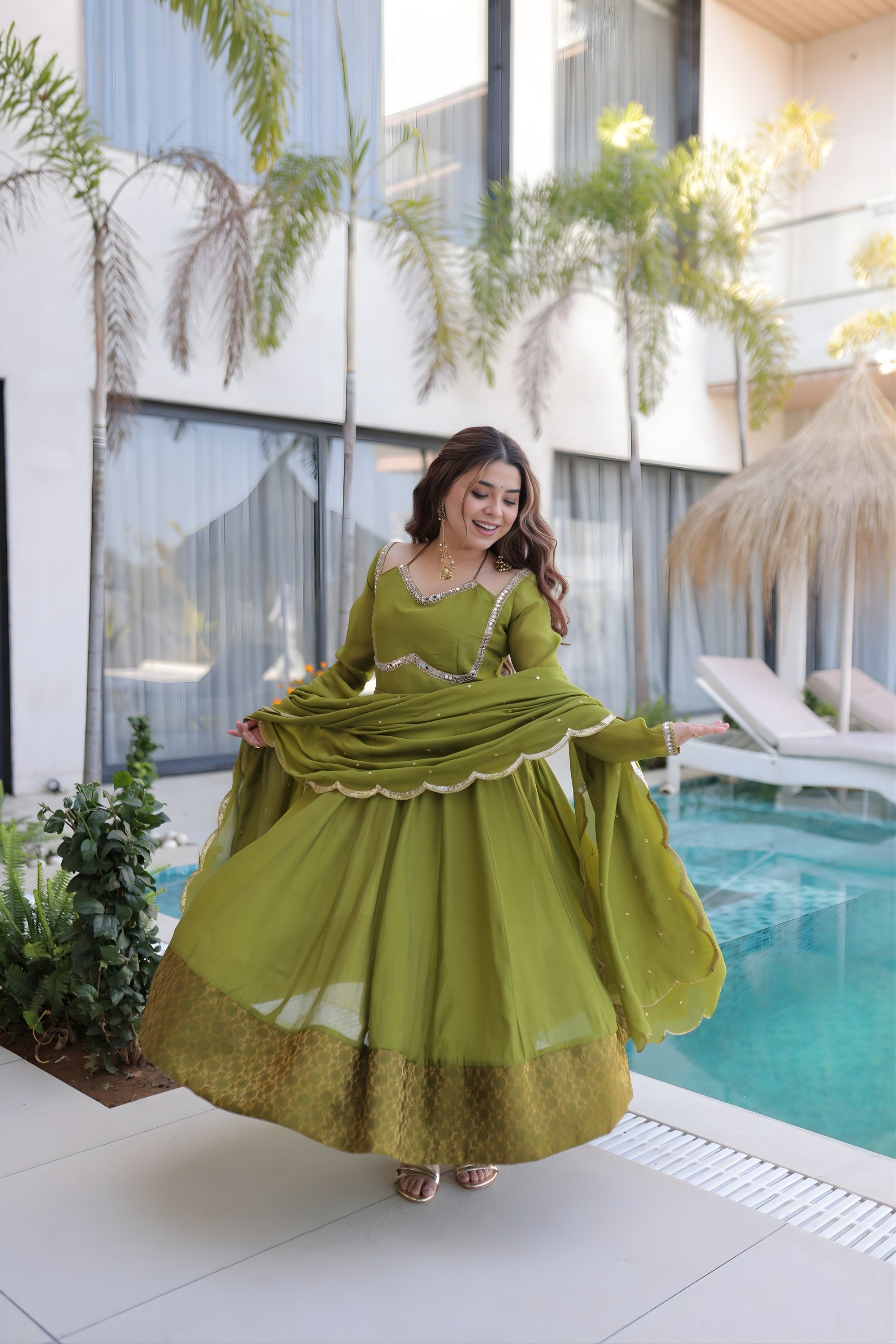 Stylish Olive Green Embroidered Chanderi Wedding Wear Anarkali Suit wi Mangaldeep NX Stylish Olive Green Embroidered Chanderi Wedding Wear Anarkali Suit wi Mangaldeep NX