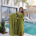 Stylish Olive Green Embroidered Chanderi Wedding Wear Anarkali Suit with Matching Dupatta