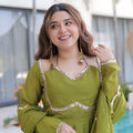 Stylish Olive Green Embroidered Chanderi Wedding Wear Anarkali Suit with Matching Dupatta