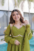 Stylish Olive Green Embroidered Chanderi Wedding Wear Anarkali Suit with Matching Dupatta