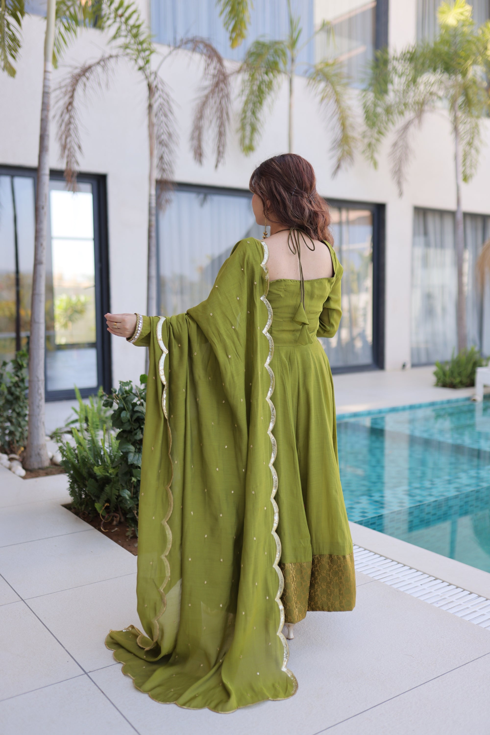 Stylish Olive Green Embroidered Chanderi Wedding Wear Anarkali Suit wi   Mangaldeep NX