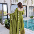 Stylish Olive Green Embroidered Chanderi Wedding Wear Anarkali Suit with Matching Dupatta