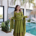 Stylish Olive Green Embroidered Chanderi Wedding Wear Anarkali Suit with Matching Dupatta