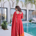 Designer Red Embroidered Chanderi Wedding Wear Anarkali Suit with Matching Dupatta