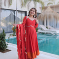 Designer Red Embroidered Chanderi Wedding Wear Anarkali Suit with Matching Dupatta