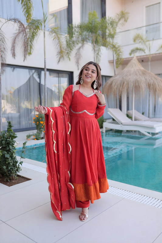 Designer Red Embroidered Chanderi Wedding Wear Anarkali Suit with Matching Dupatta