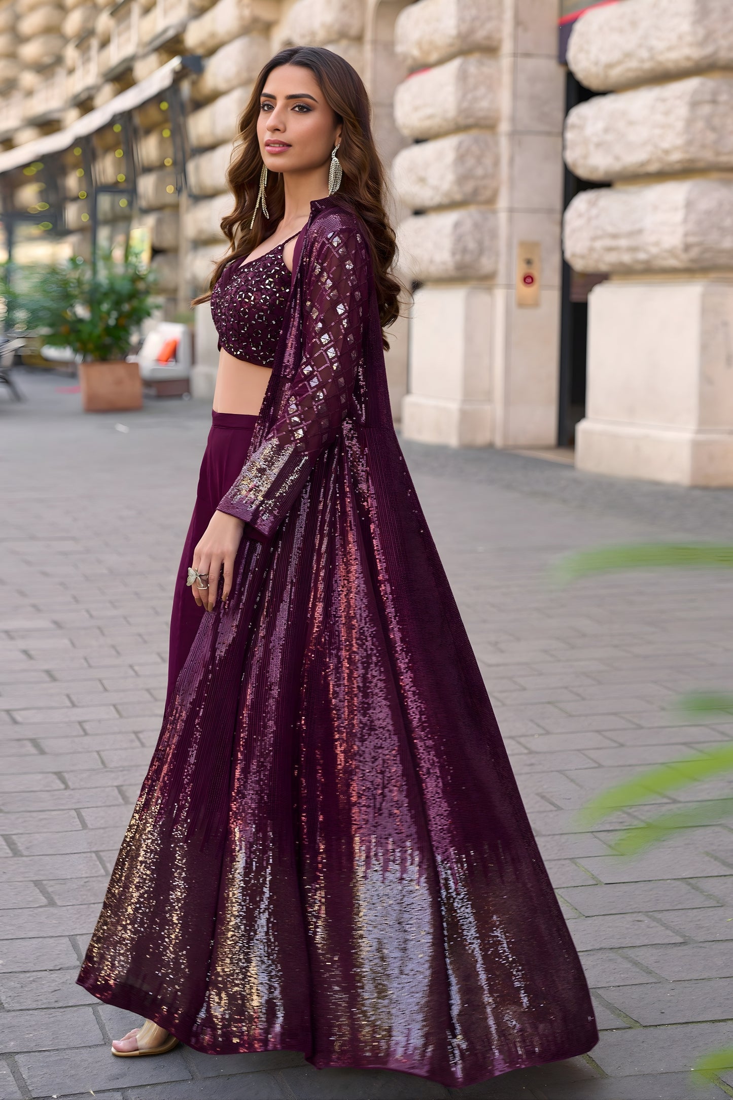 Elegant Wine Georgette Embroidered Party Wear Palazzo Set With Jacket