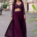 Elegant Wine Georgette Embroidered Party Wear Palazzo Set With Jacket