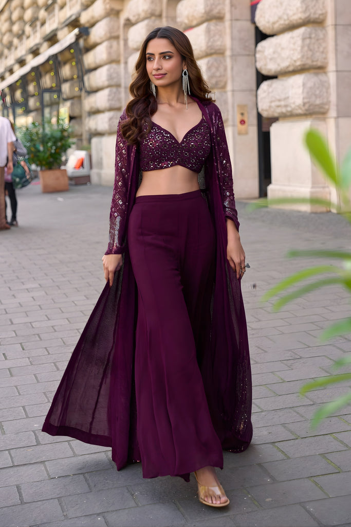 Elegant Wine Georgette Embroidered Party Wear Palazzo Set With Jacket