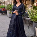 Stylish Navy Blue Georgette Embroidered Party Wear Palazzo Set With Jacket