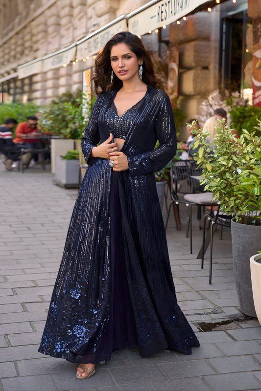 Stylish Navy Blue Georgette Embroidered Party Wear Palazzo Set With Jacket