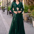 Luxurious Green Georgette Embroidered Party Wear Palazzo Set With Jacket